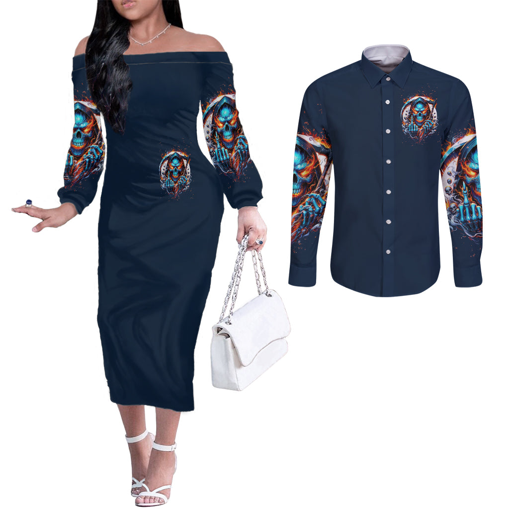 Reaper Skull Couples Matching Off The Shoulder Long Sleeve Dress and Long Sleeve Button Shirt My Give A Fuck Is Broken But My Go Fuck Yourself Is Fully Functional