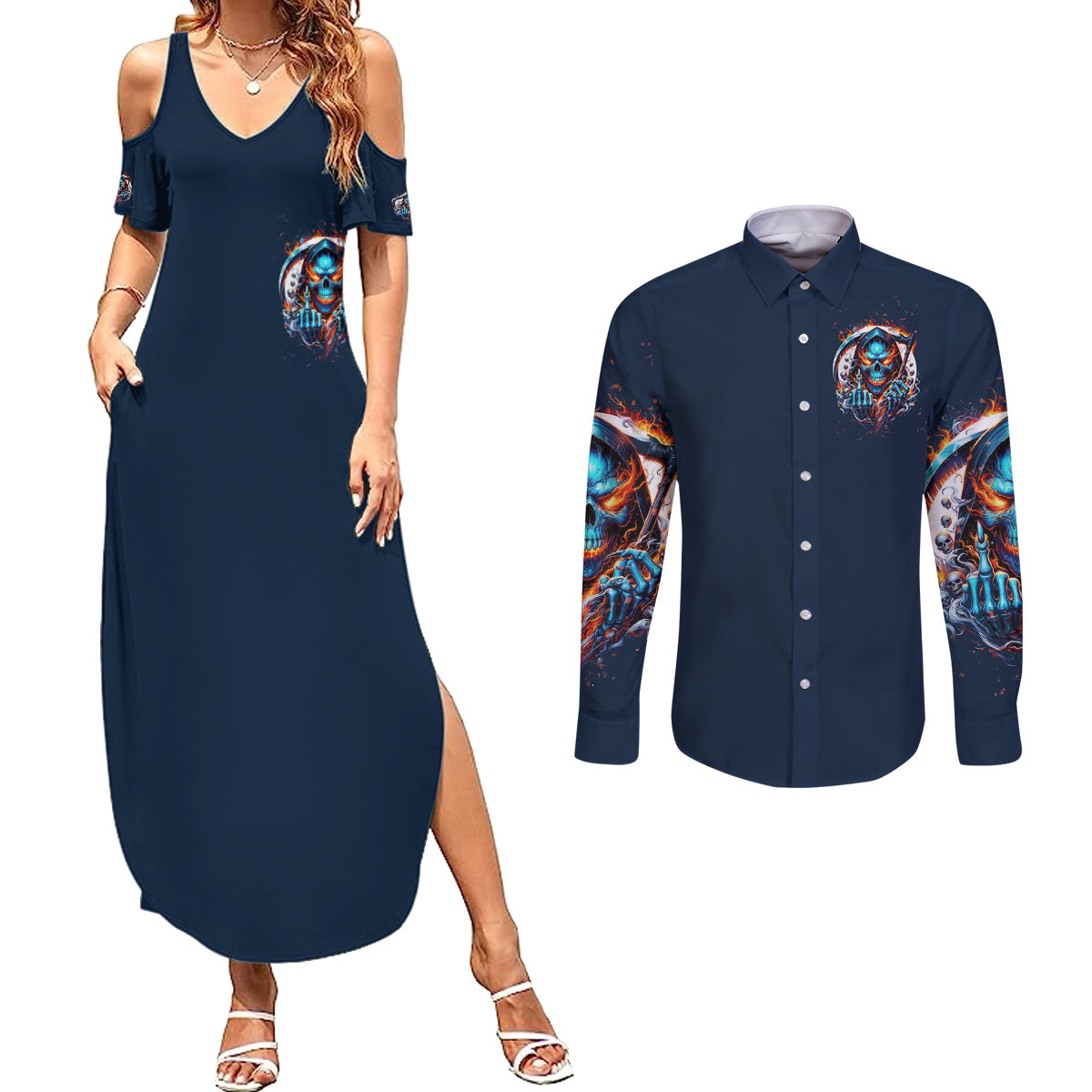 Reaper Skull Couples Matching Summer Maxi Dress and Long Sleeve Button Shirt My Give A Fuck Is Broken But My Go Fuck Yourself Is Fully Functional