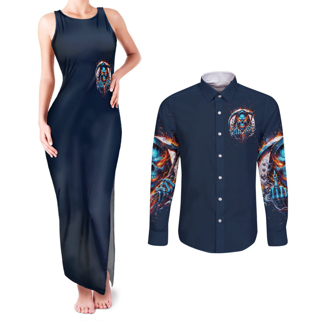 Reaper Skull Couples Matching Tank Maxi Dress and Long Sleeve Button Shirt My Give A Fuck Is Broken But My Go Fuck Yourself Is Fully Functional
