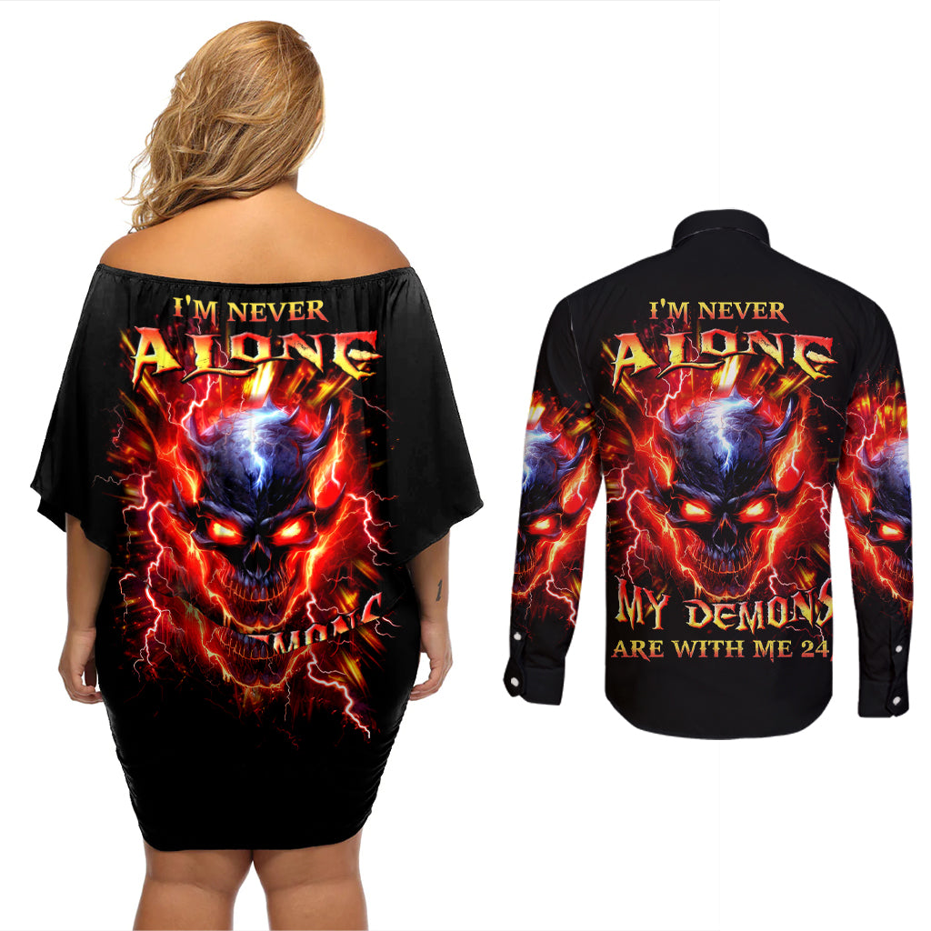 Flame Skull Couples Matching Off Shoulder Short Dress and Long Sleeve Button Shirt I'm Never Alone My Demons Are With Me 24/7