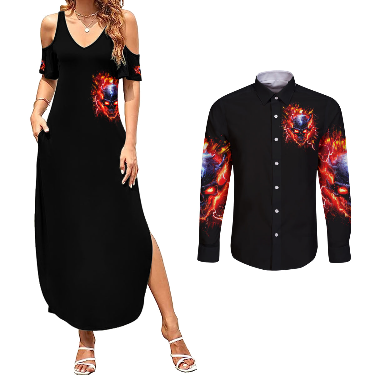 Flame Skull Couples Matching Summer Maxi Dress and Long Sleeve Button Shirt I'm Never Alone My Demons Are With Me 24/7