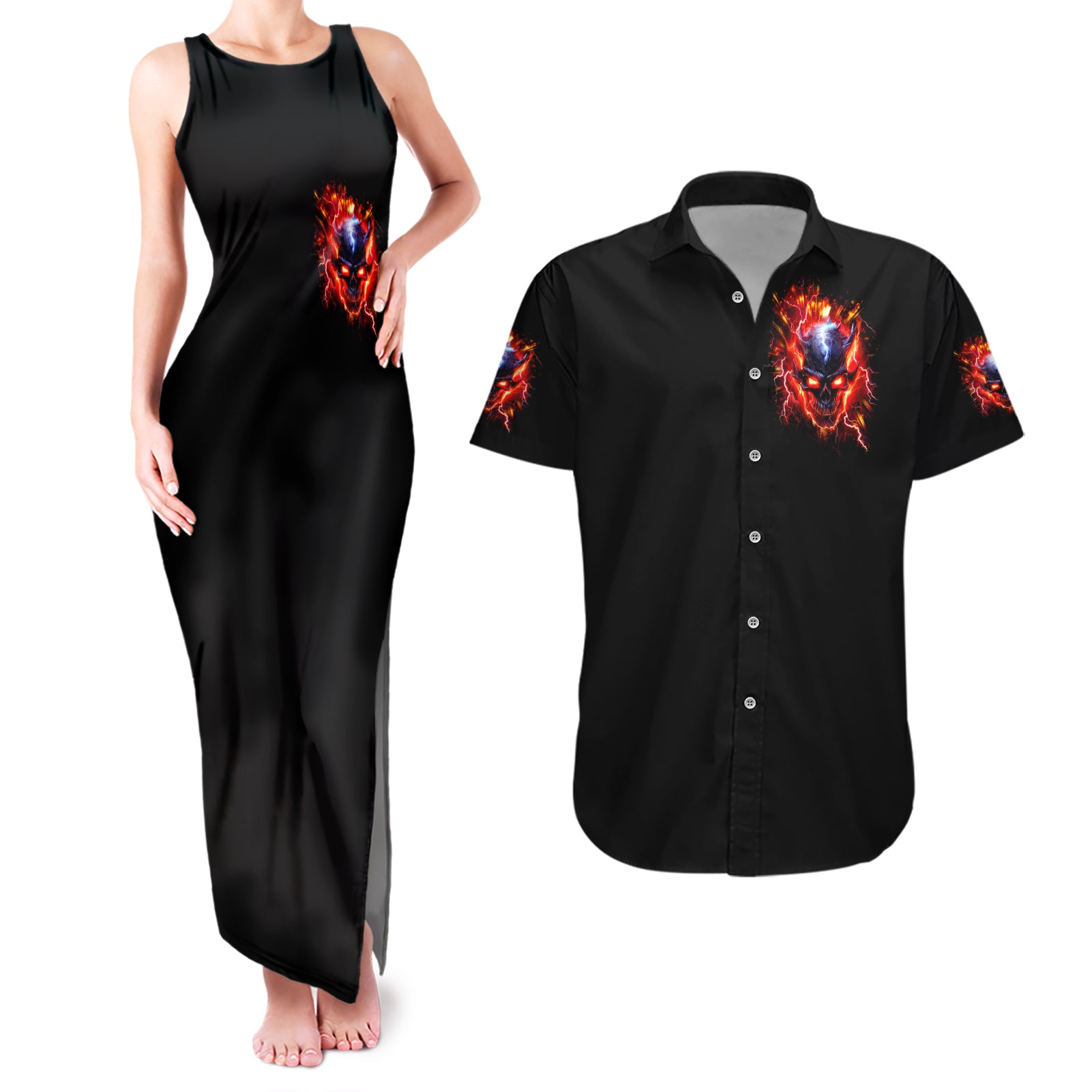 Flame Skull Couples Matching Tank Maxi Dress and Hawaiian Shirt I'm Never Alone My Demons Are With Me 24/7