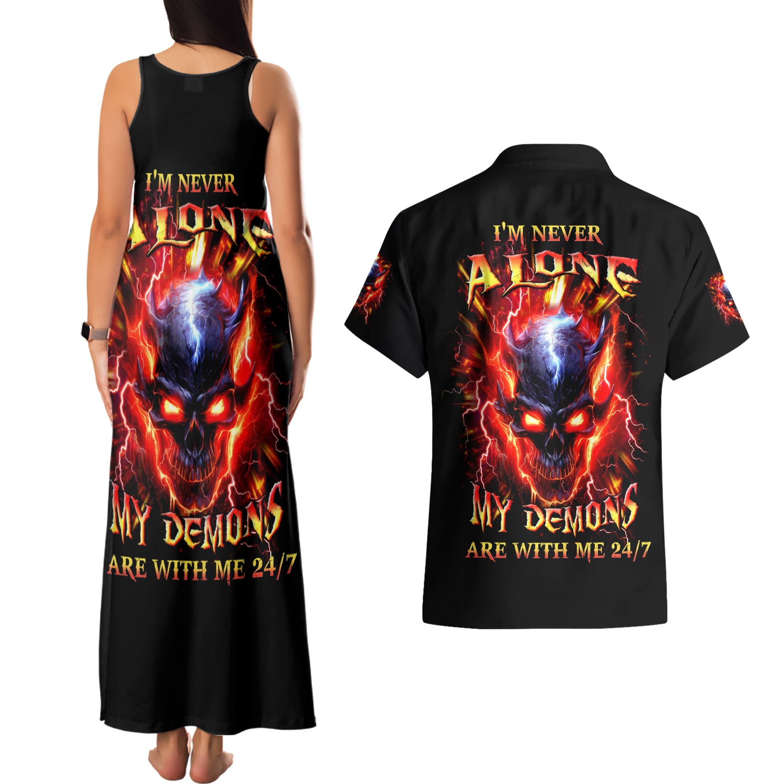 Flame Skull Couples Matching Tank Maxi Dress and Hawaiian Shirt I'm Never Alone My Demons Are With Me 24/7