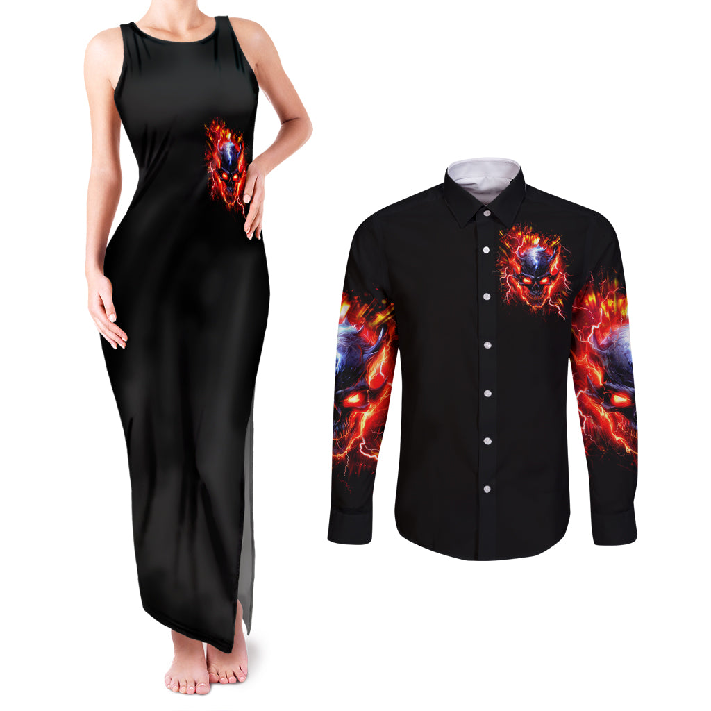 Flame Skull Couples Matching Tank Maxi Dress and Long Sleeve Button Shirt I'm Never Alone My Demons Are With Me 24/7