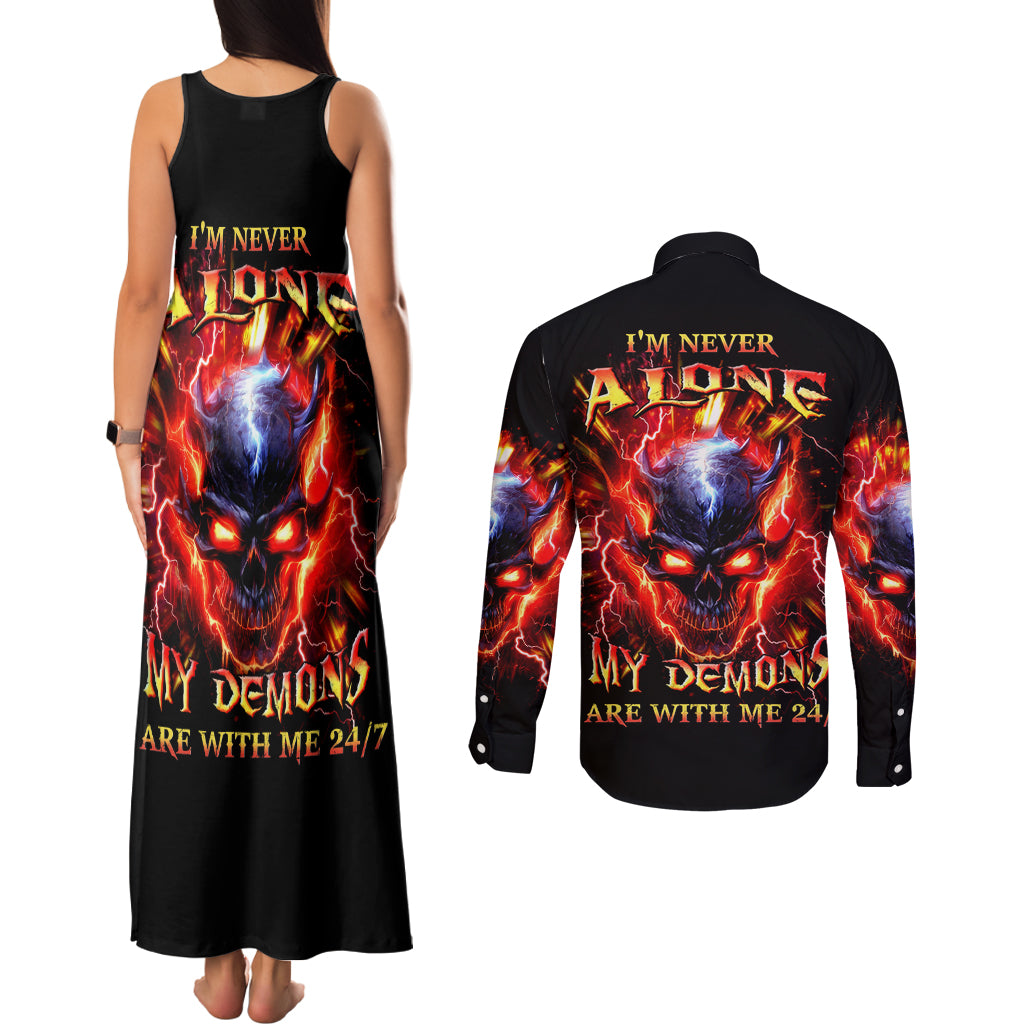 Flame Skull Couples Matching Tank Maxi Dress and Long Sleeve Button Shirt I'm Never Alone My Demons Are With Me 24/7
