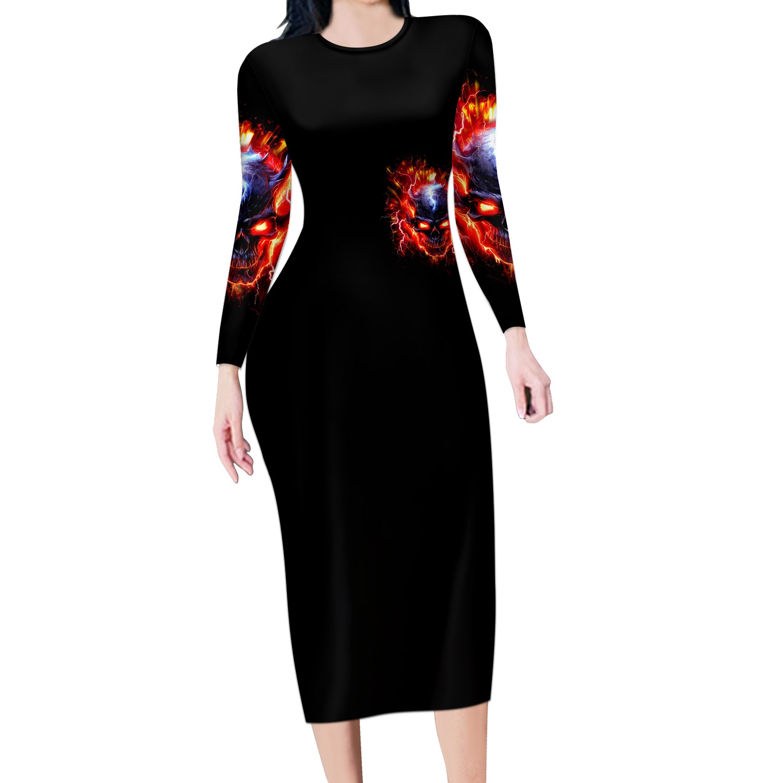 Flame Skull Long Sleeve Bodycon Dress I'm Never Alone My Demons Are With Me 24/7