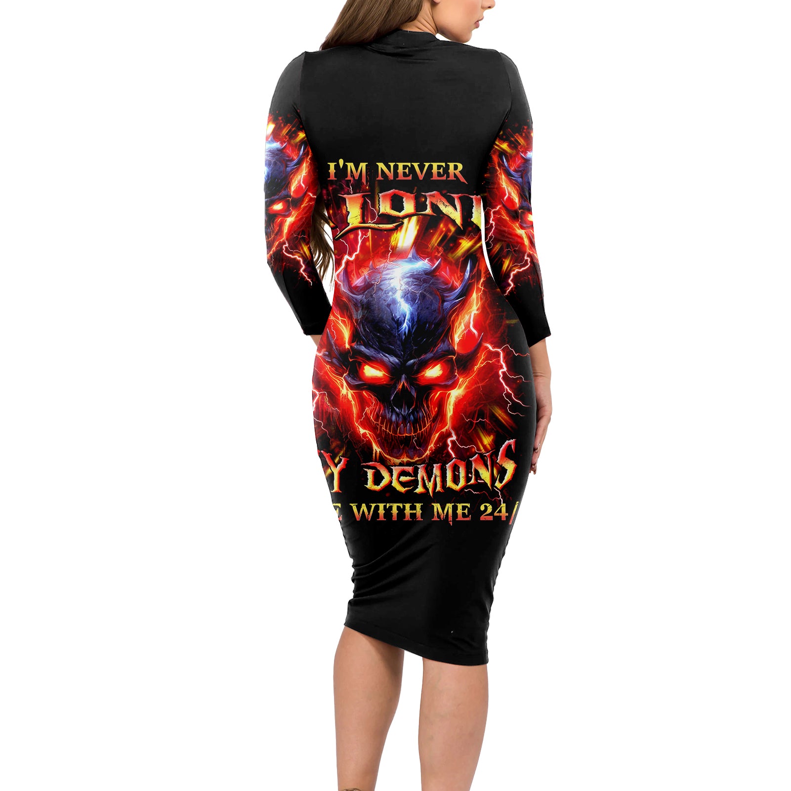 Flame Skull Long Sleeve Bodycon Dress I'm Never Alone My Demons Are With Me 24/7