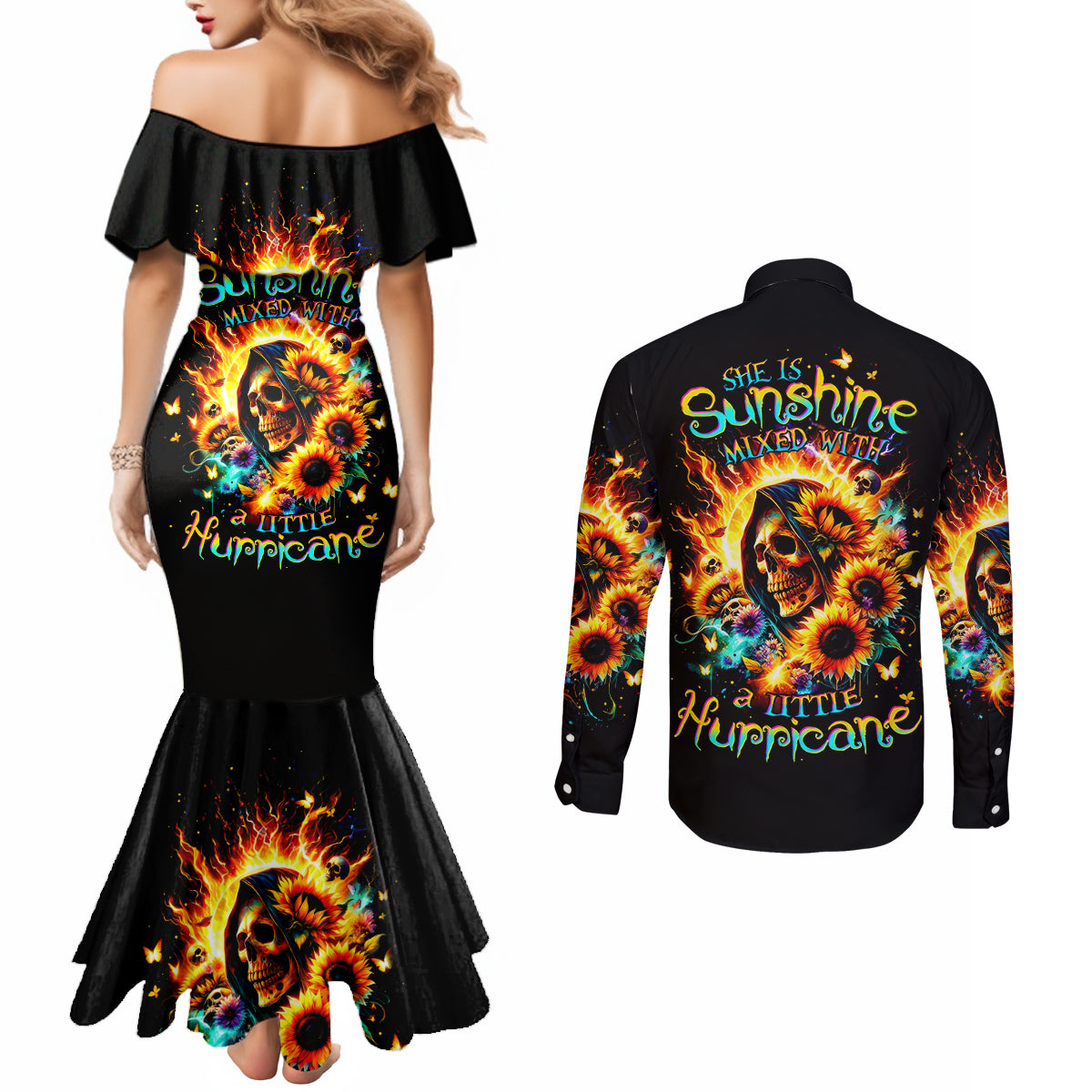 Sunflower Skull Couples Matching Mermaid Dress and Long Sleeve Button Shirt She Is Sunshine Mixed With A Little Hurricane