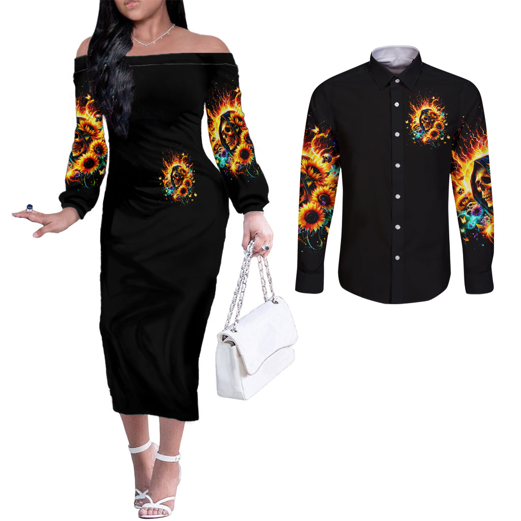 Sunflower Skull Couples Matching Off The Shoulder Long Sleeve Dress and Long Sleeve Button Shirt She Is Sunshine Mixed With A Little Hurricane