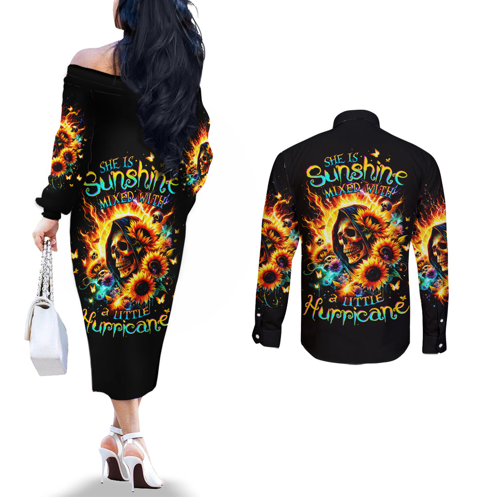Sunflower Skull Couples Matching Off The Shoulder Long Sleeve Dress and Long Sleeve Button Shirt She Is Sunshine Mixed With A Little Hurricane