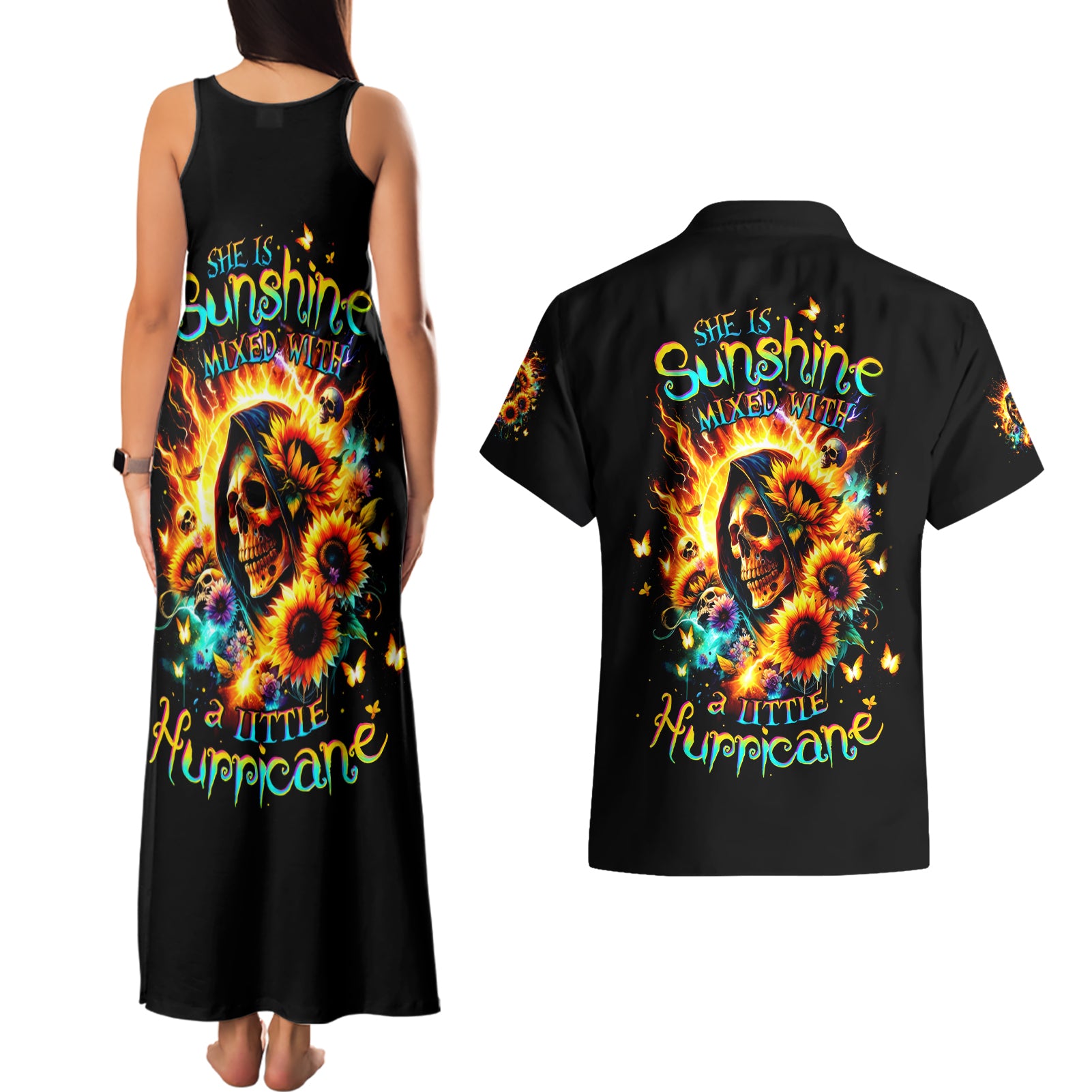 Sunflower Skull Couples Matching Tank Maxi Dress and Hawaiian Shirt She Is Sunshine Mixed With A Little Hurricane
