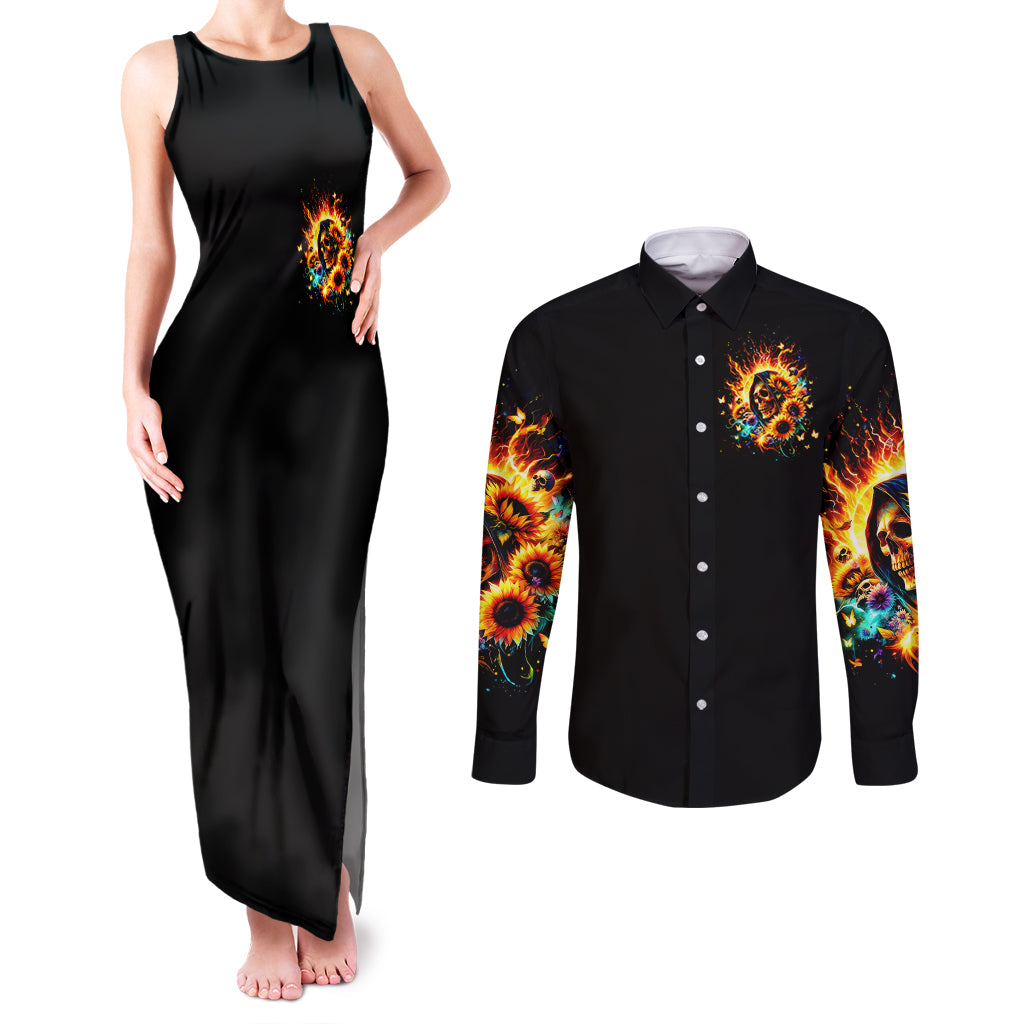Sunflower Skull Couples Matching Tank Maxi Dress and Long Sleeve Button Shirt She Is Sunshine Mixed With A Little Hurricane