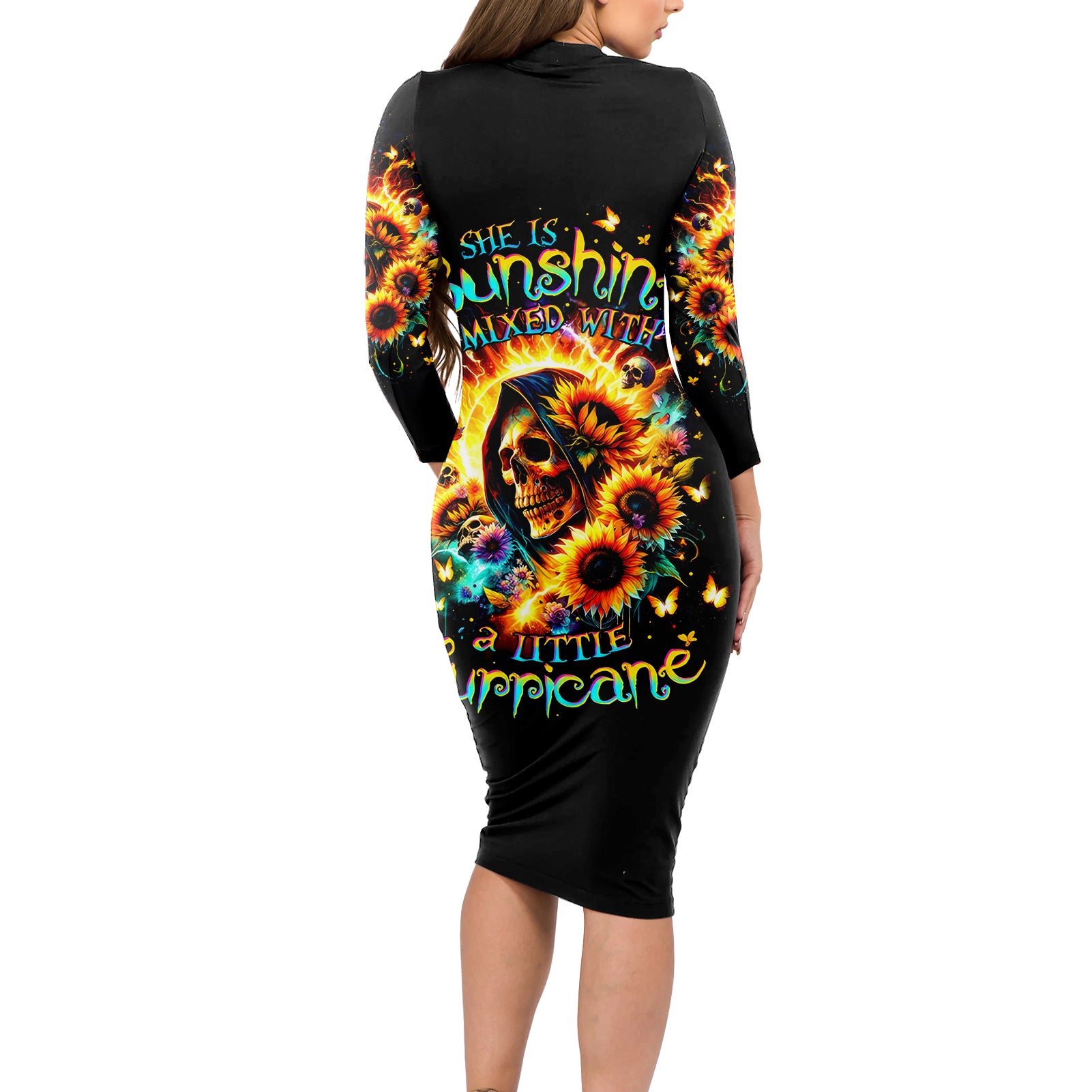 Sunflower Skull Long Sleeve Bodycon Dress She Is Sunshine Mixed With A Little Hurricane