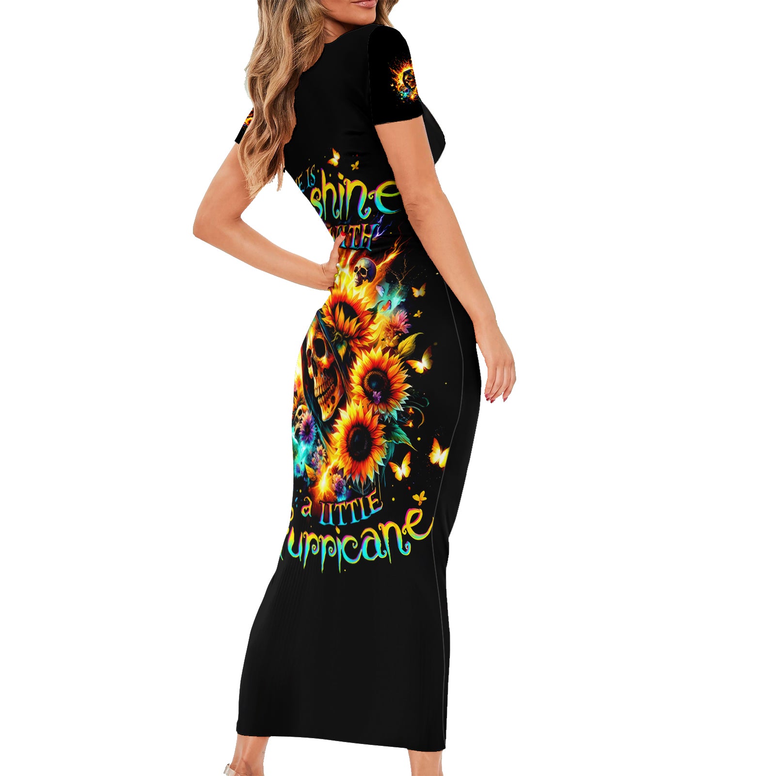 Sunflower Skull Short Sleeve Bodycon Dress She Is Sunshine Mixed With A Little Hurricane
