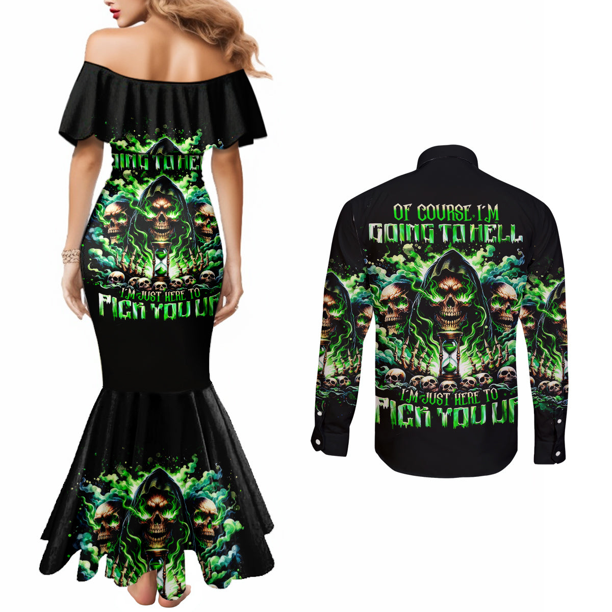 Witch Skull Couples Matching Mermaid Dress and Long Sleeve Button Shirt Of Course I'm Going To Hell I'm Just Here To Pick You Up