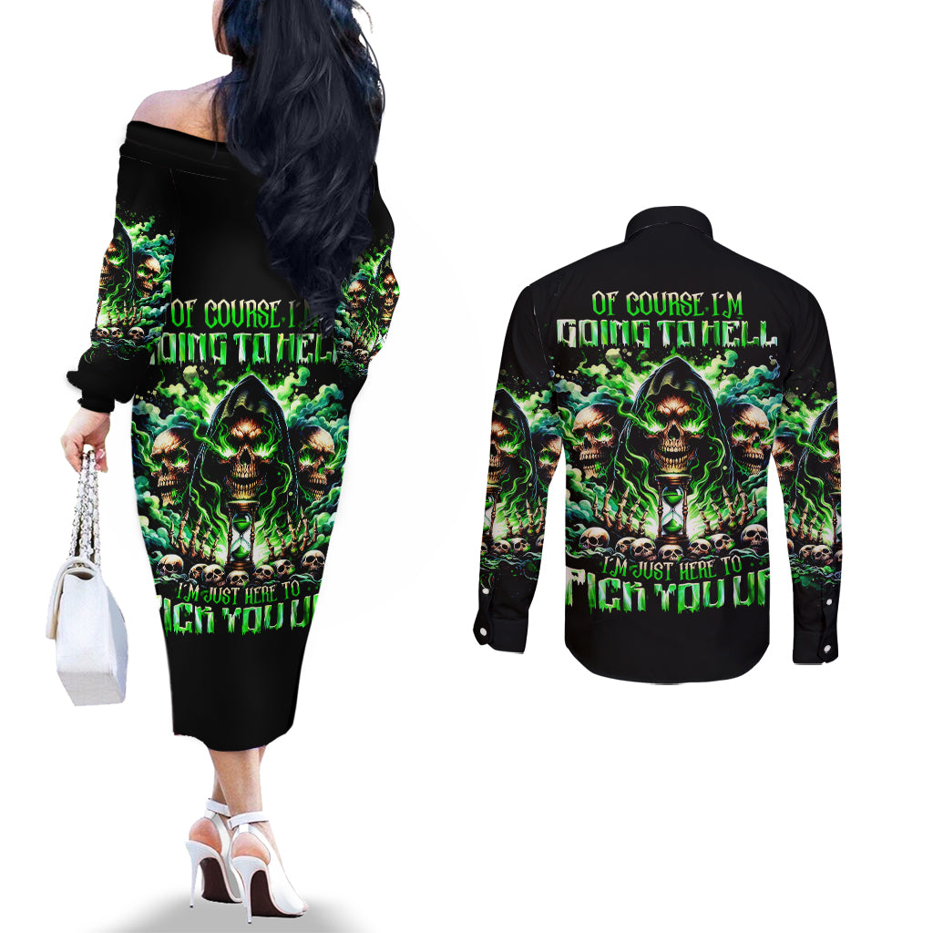 Witch Skull Couples Matching Off The Shoulder Long Sleeve Dress and Long Sleeve Button Shirt Of Course I'm Going To Hell I'm Just Here To Pick You Up