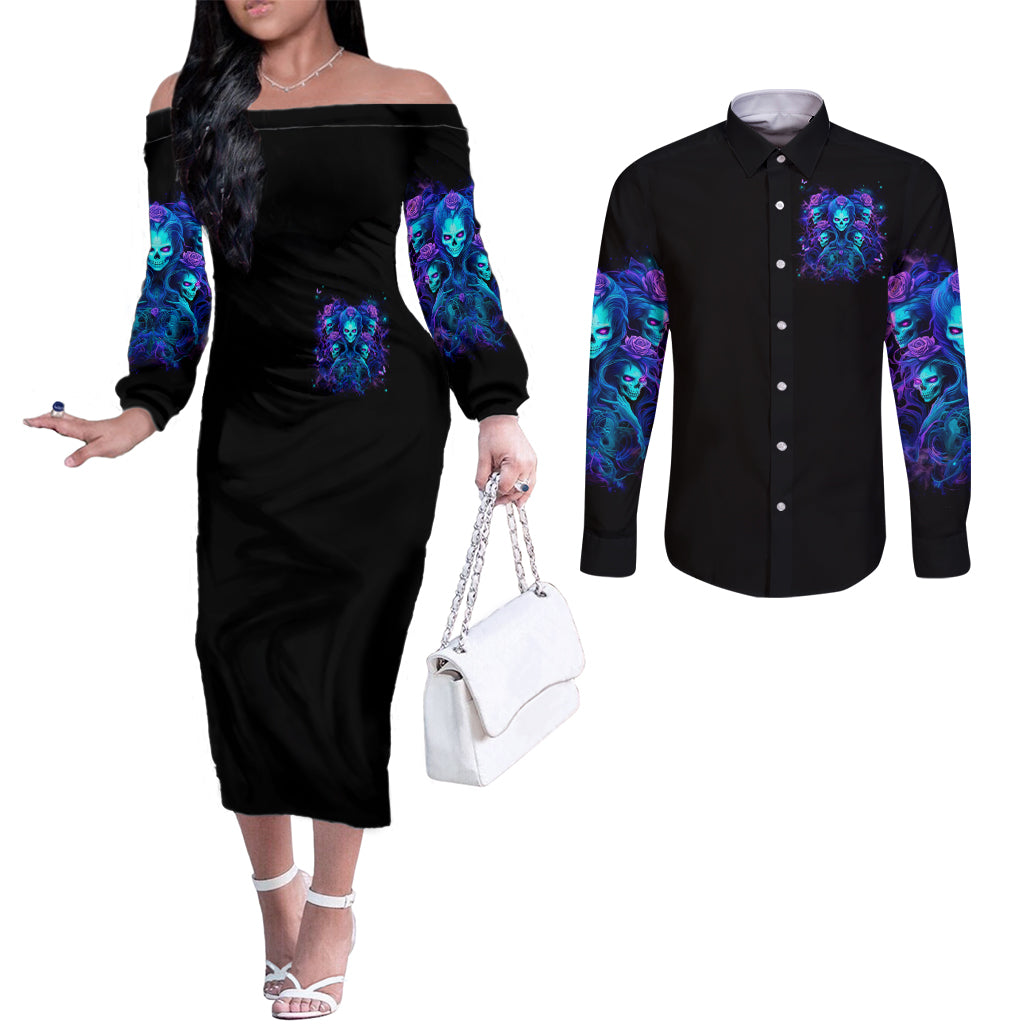 Rose Skull Couples Matching Off The Shoulder Long Sleeve Dress and Long Sleeve Button Shirt Four Out Of The Five Voices In My Head Think You An Idiot