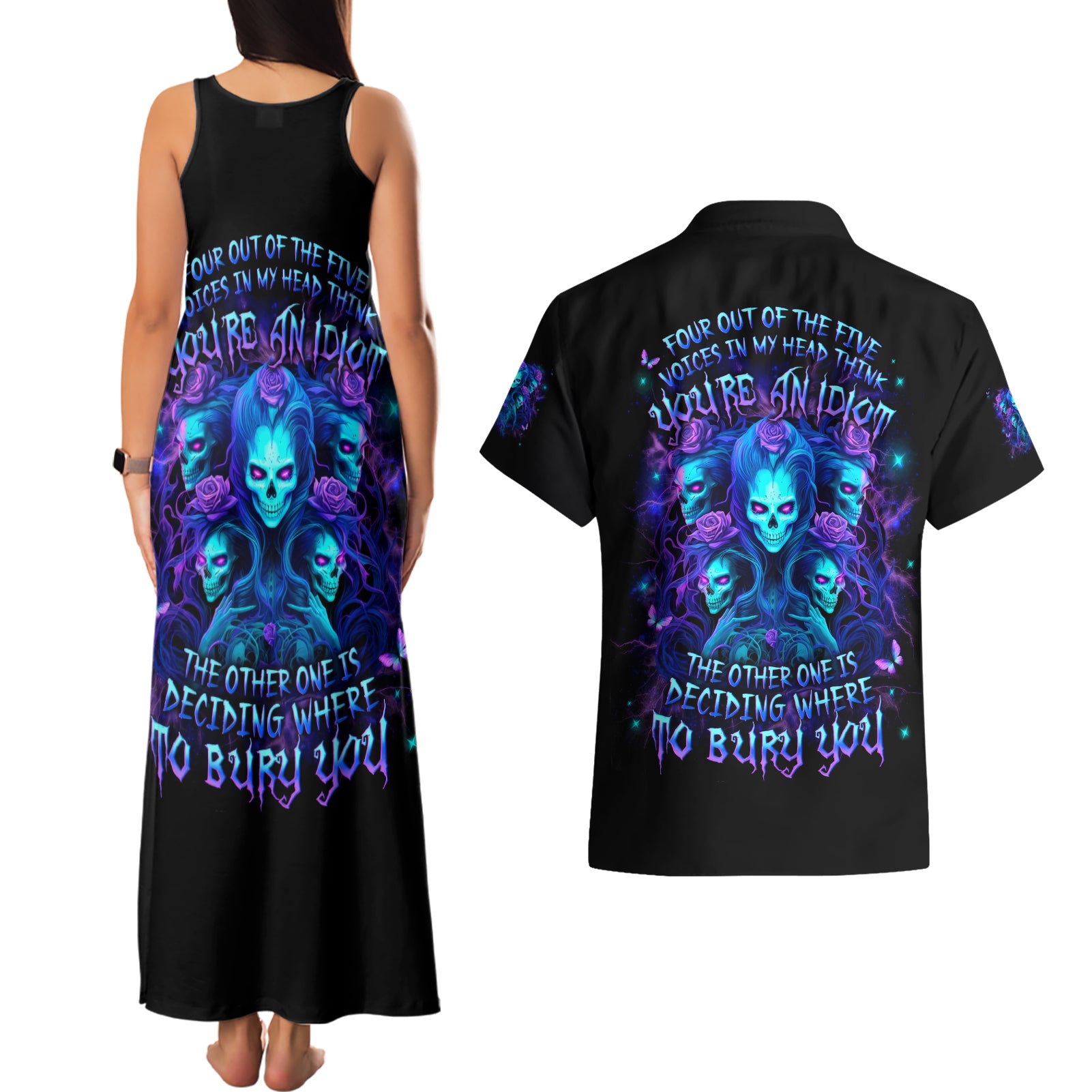 Rose Skull Couples Matching Tank Maxi Dress and Hawaiian Shirt Four Out Of The Five Voices In My Head Think You An Idiot