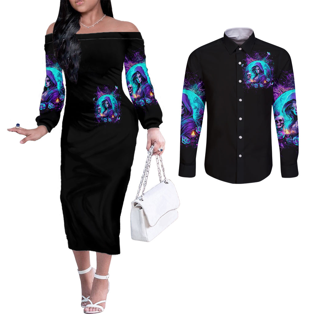 Witch Skull Couples Matching Off The Shoulder Long Sleeve Dress and Long Sleeve Button Shirt Hello Darkness My Old Friend