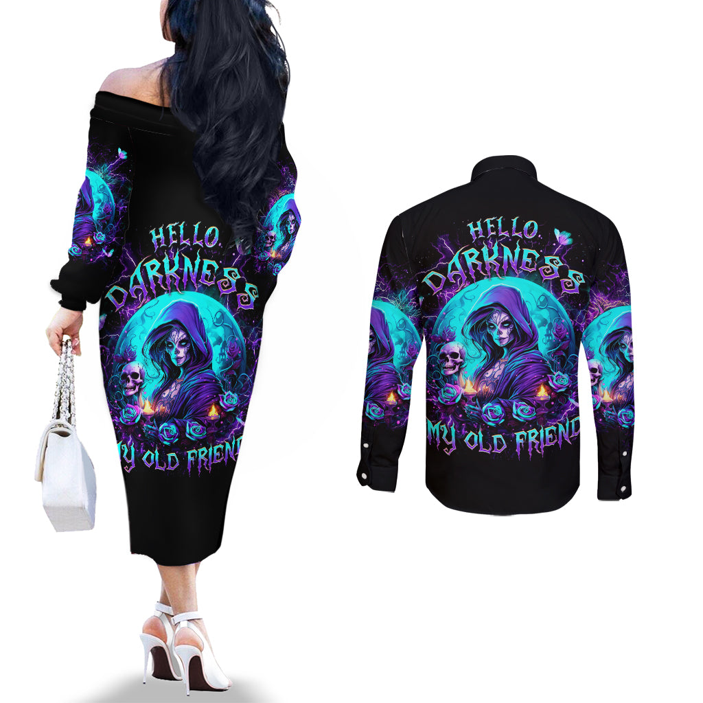 Witch Skull Couples Matching Off The Shoulder Long Sleeve Dress and Long Sleeve Button Shirt Hello Darkness My Old Friend