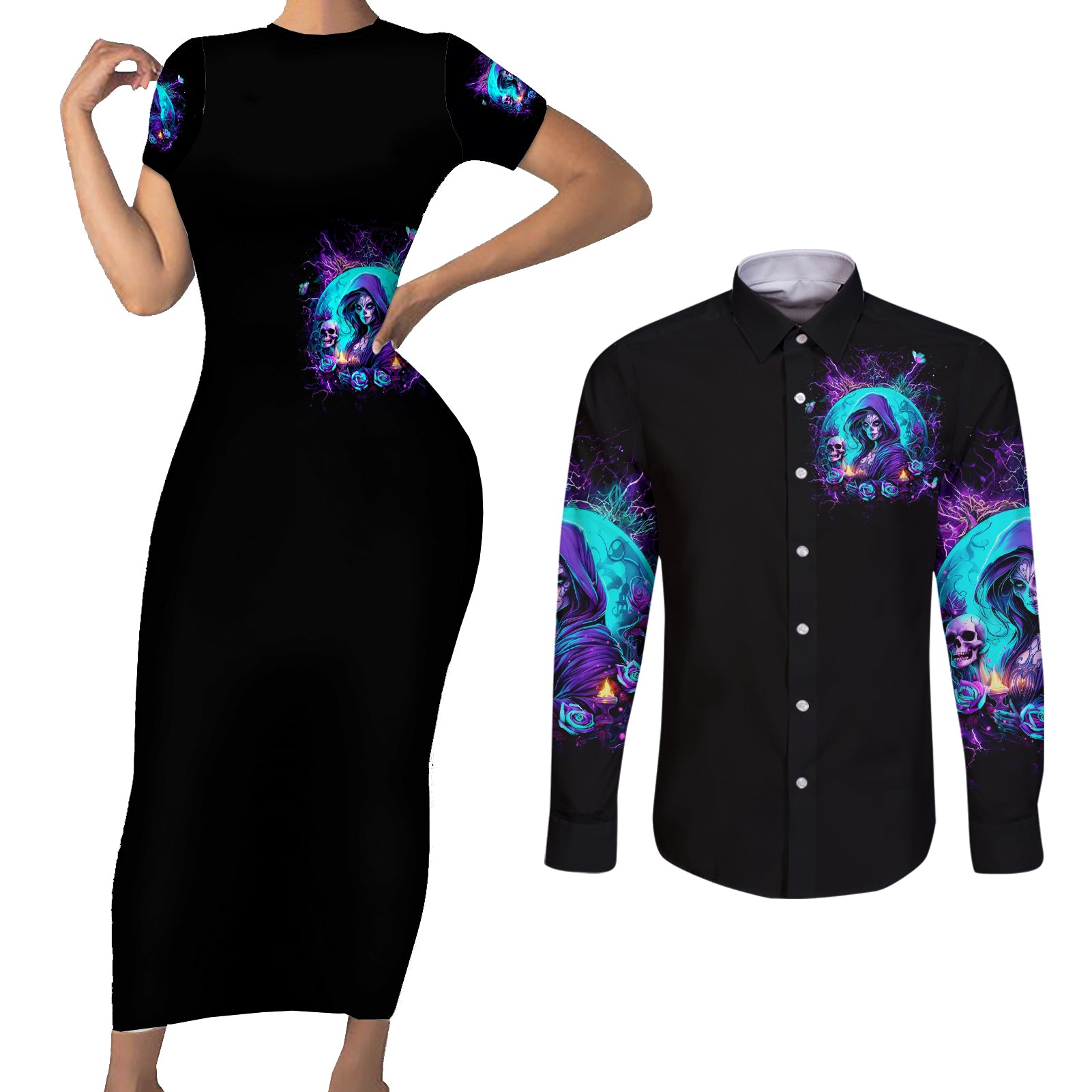 Witch Skull Couples Matching Short Sleeve Bodycon Dress and Long Sleeve Button Shirt Hello Darkness My Old Friend