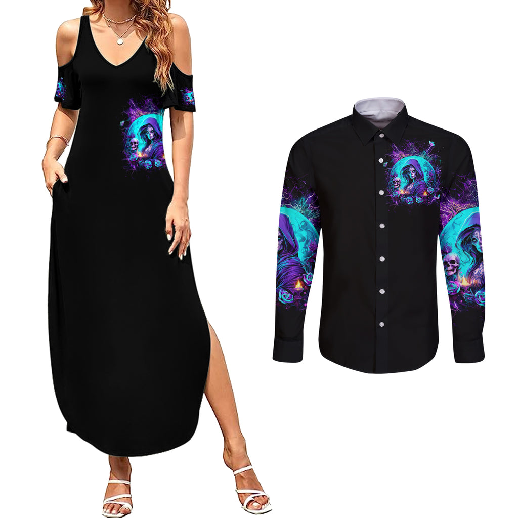 Witch Skull Couples Matching Summer Maxi Dress and Long Sleeve Button Shirt Hello Darkness My Old Friend