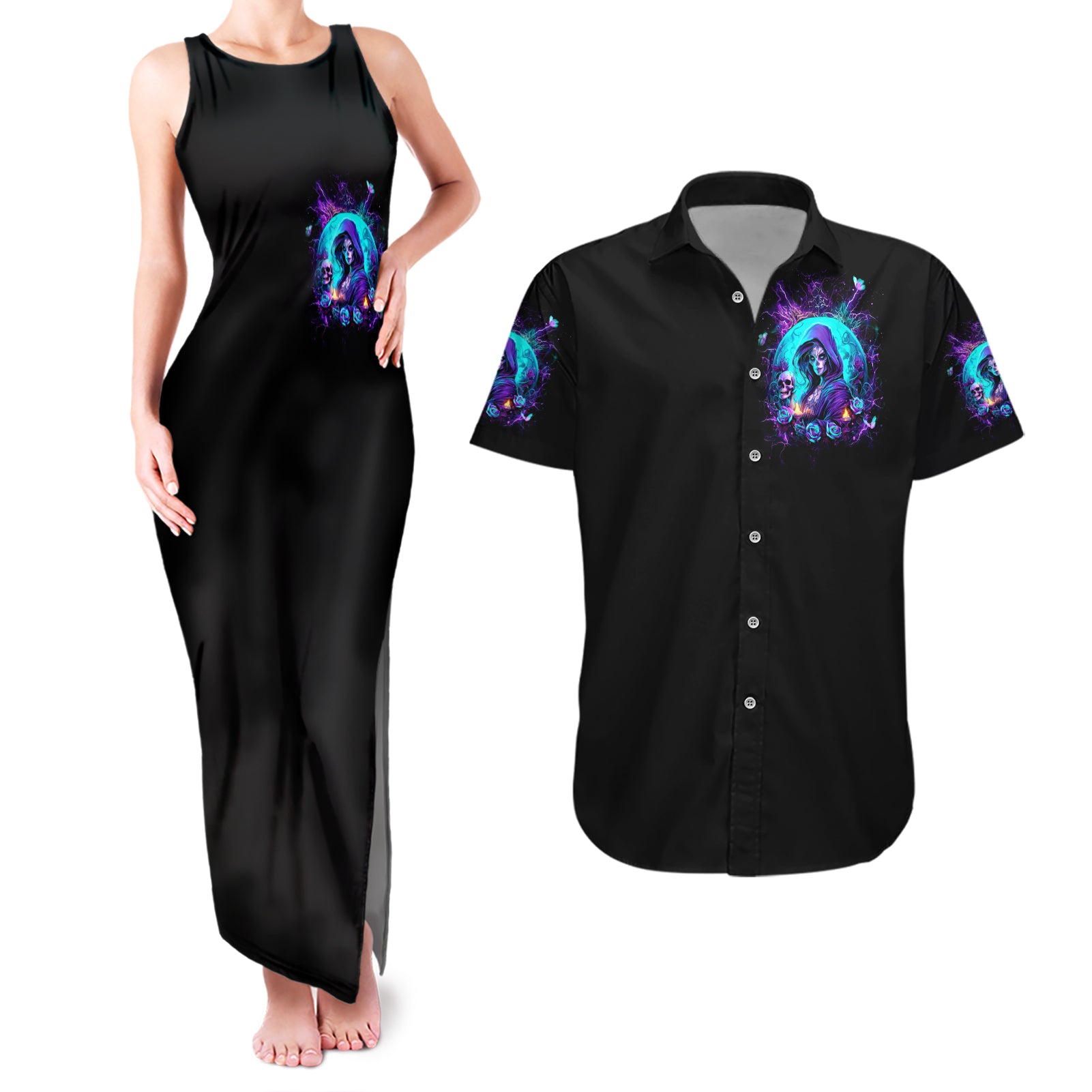 Witch Skull Couples Matching Tank Maxi Dress and Hawaiian Shirt Hello Darkness My Old Friend