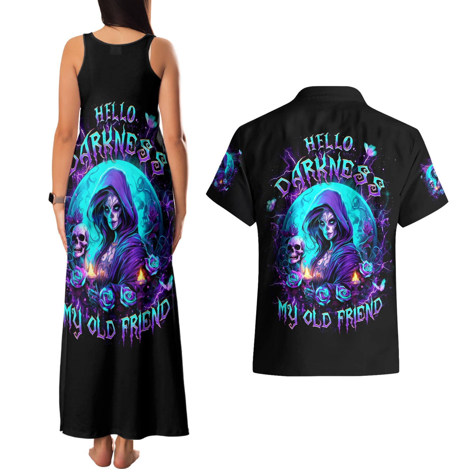 Witch Skull Couples Matching Tank Maxi Dress and Hawaiian Shirt Hello Darkness My Old Friend