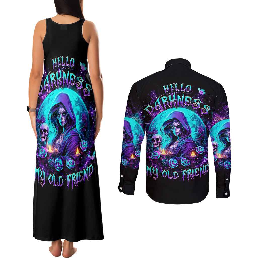 Witch Skull Couples Matching Tank Maxi Dress and Long Sleeve Button Shirt Hello Darkness My Old Friend