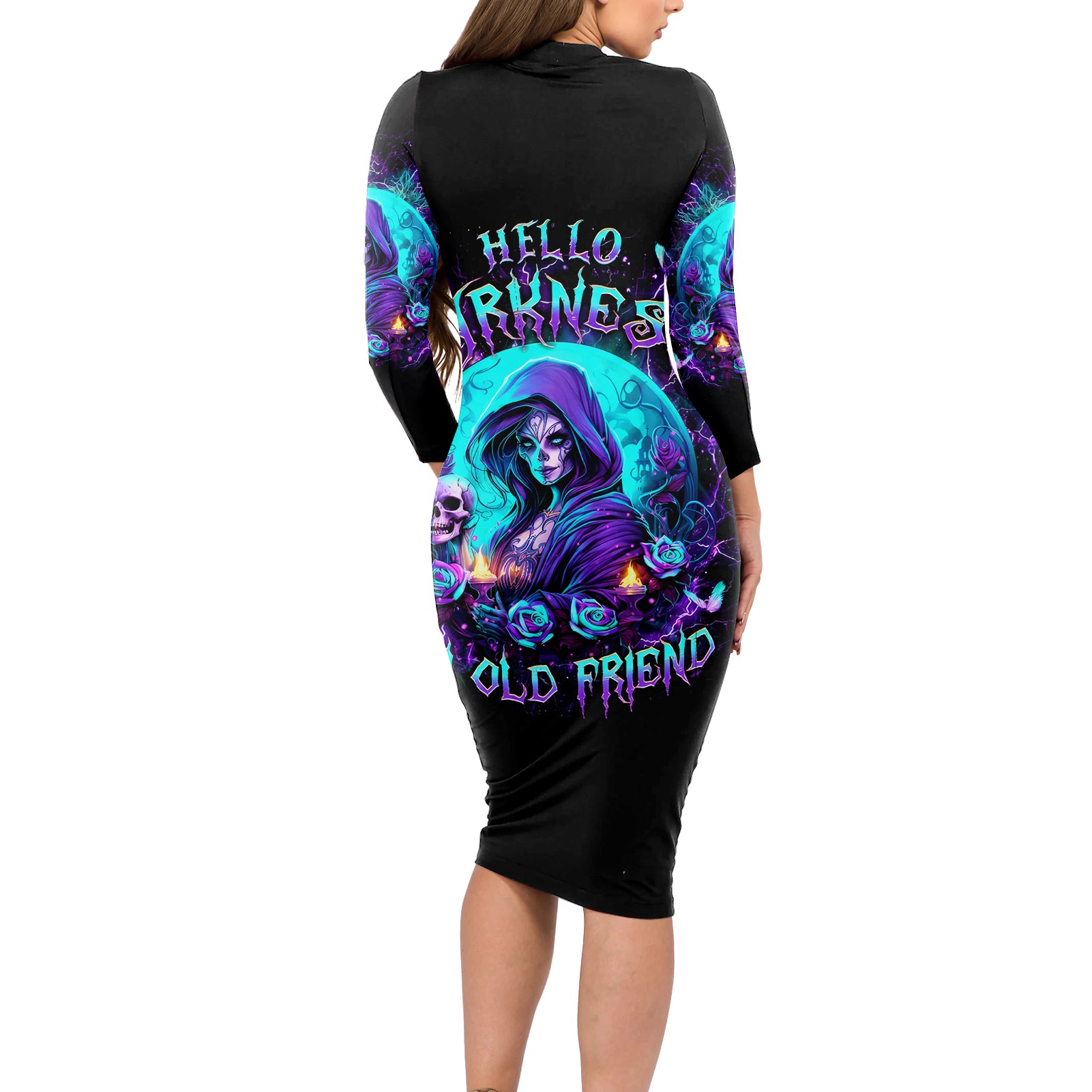 Witch Skull Long Sleeve Bodycon Dress Hello Darkness My Old Friend