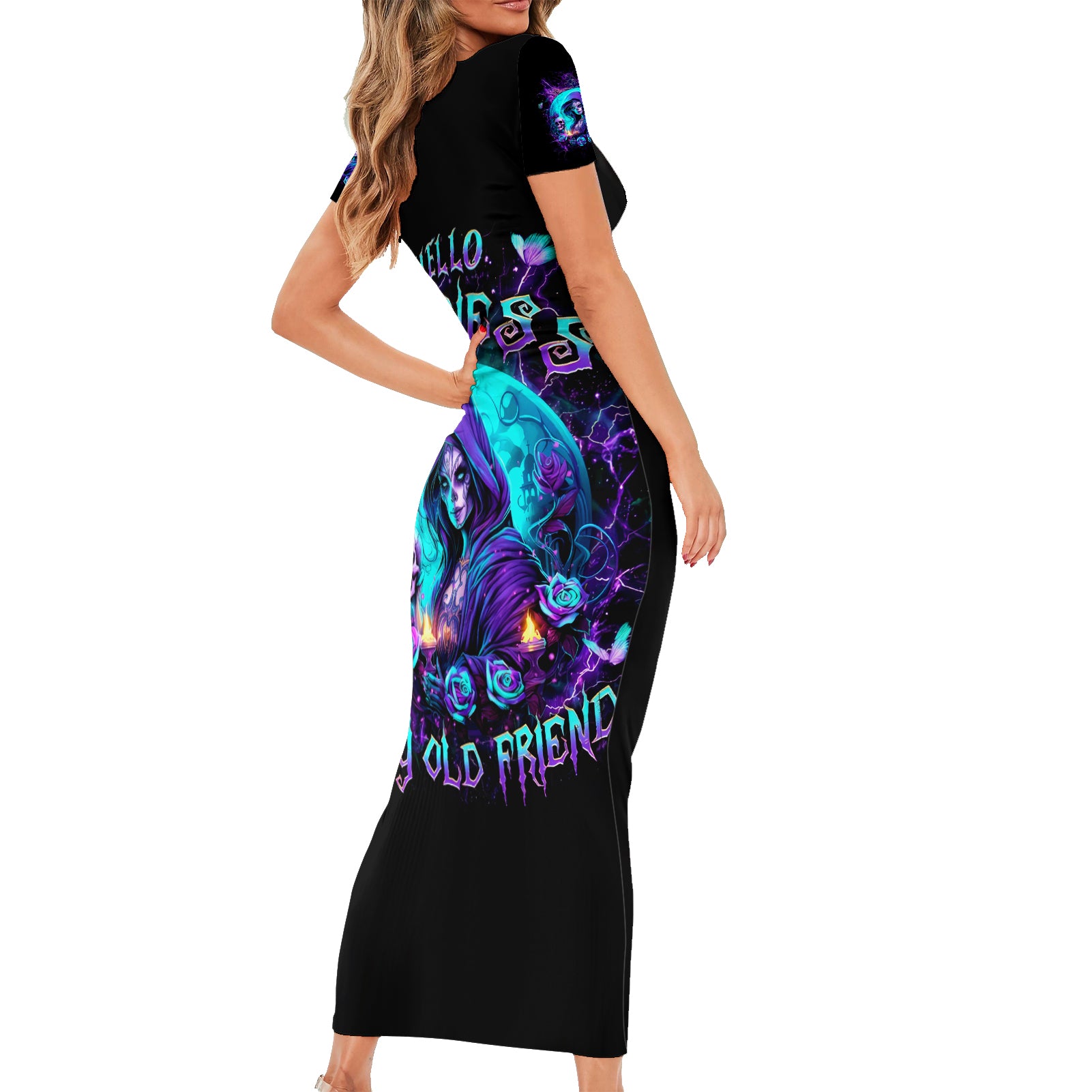 Witch Skull Short Sleeve Bodycon Dress Hello Darkness My Old Friend