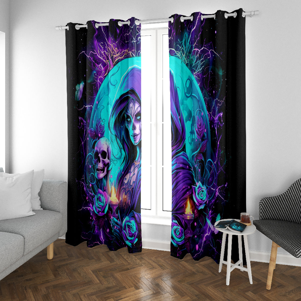 Witch Skull Window Curtain Hello Darkness My Old Friend
