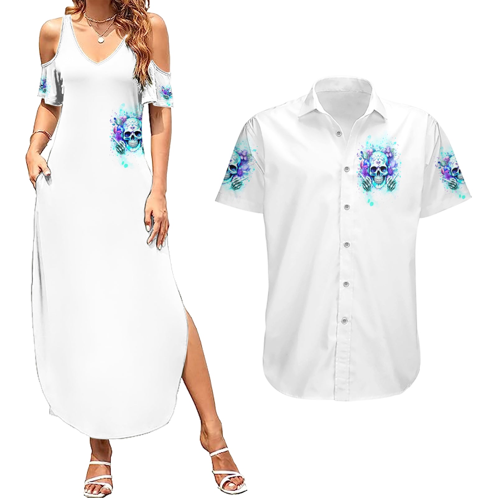 Rose SKull Couples Matching Summer Maxi Dress and Hawaiian Shirt My Give A Fuck Is Broken But My Go Fuck Yourself Is Fully Functional