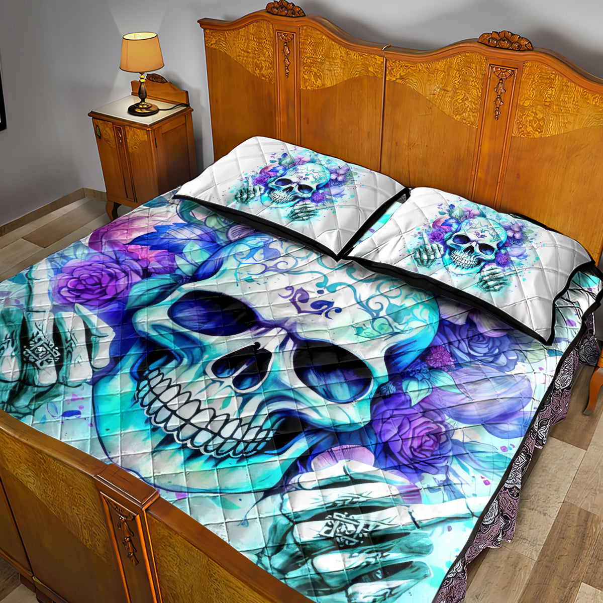 Rose SKull Quilt Bed Set My Give A Fuck Is Broken But My Go Fuck Yourself Is Fully Functional
