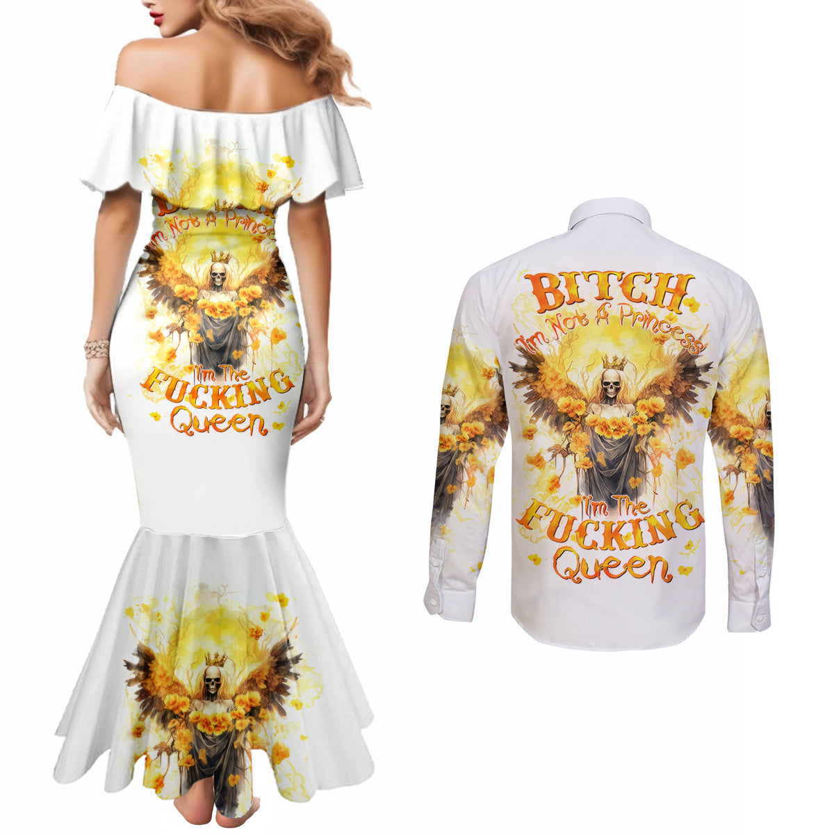 Flower Skull Angel Couples Matching Mermaid Dress and Long Sleeve Button Shirt Bitch I'm The Fucking Queen