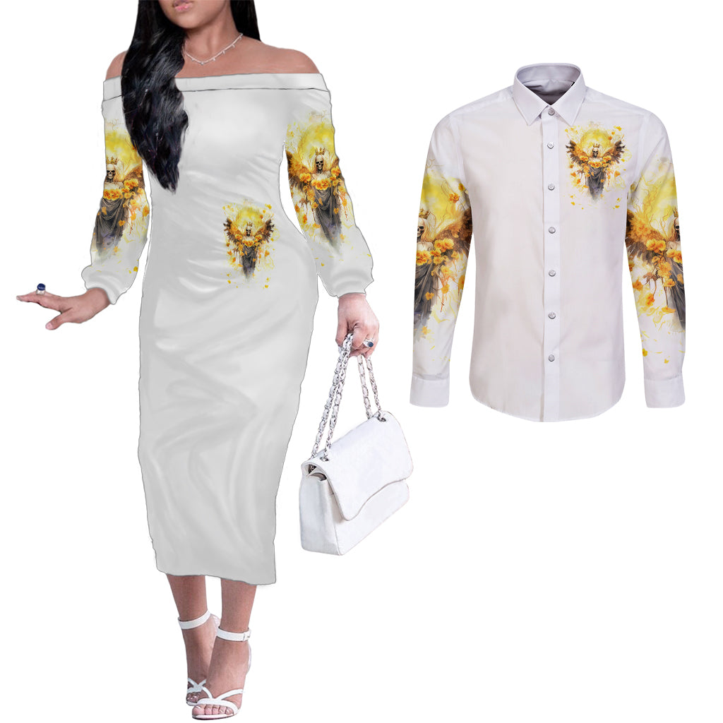 Flower Skull Angel Couples Matching Off The Shoulder Long Sleeve Dress and Long Sleeve Button Shirt Bitch I'm The Fucking Queen