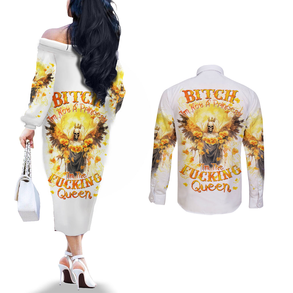 Flower Skull Angel Couples Matching Off The Shoulder Long Sleeve Dress and Long Sleeve Button Shirt Bitch I'm The Fucking Queen