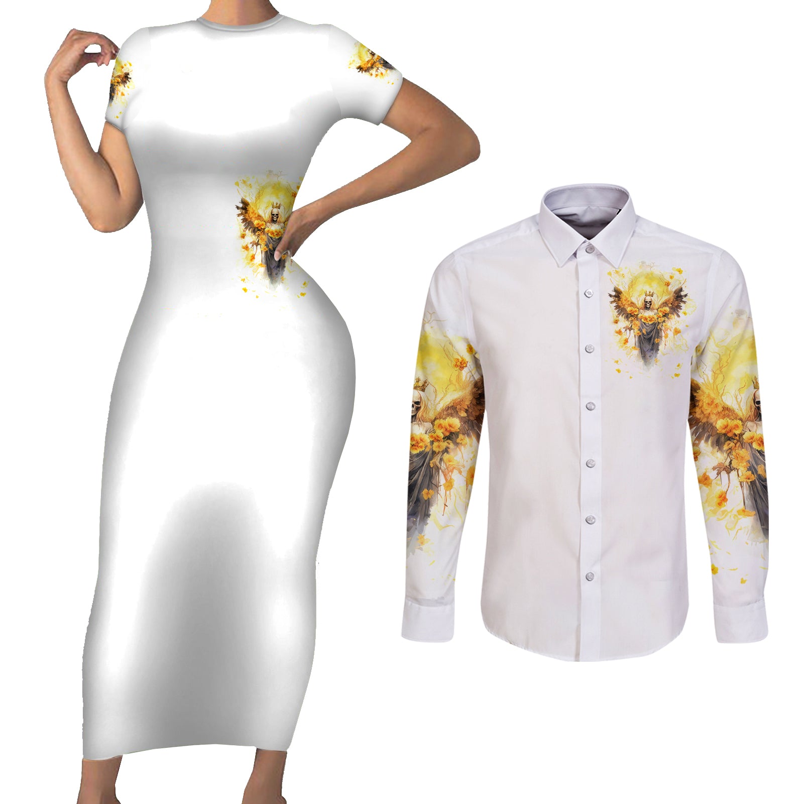 Flower Skull Angel Couples Matching Short Sleeve Bodycon Dress and Long Sleeve Button Shirt Bitch I'm The Fucking Queen