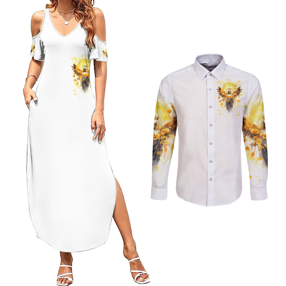 Flower Skull Angel Couples Matching Summer Maxi Dress and Long Sleeve Button Shirt Bitch I'm The Fucking Queen