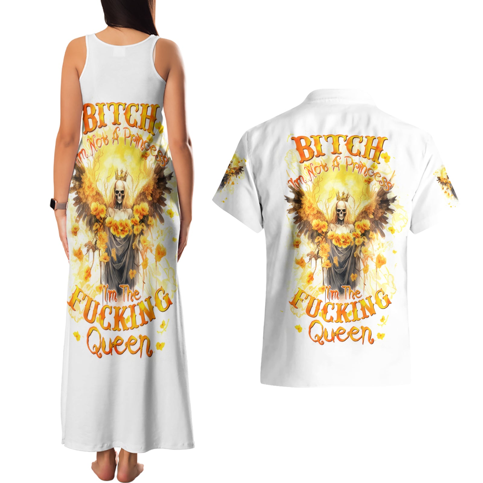 Flower Skull Angel Couples Matching Tank Maxi Dress and Hawaiian Shirt Bitch I'm The Fucking Queen