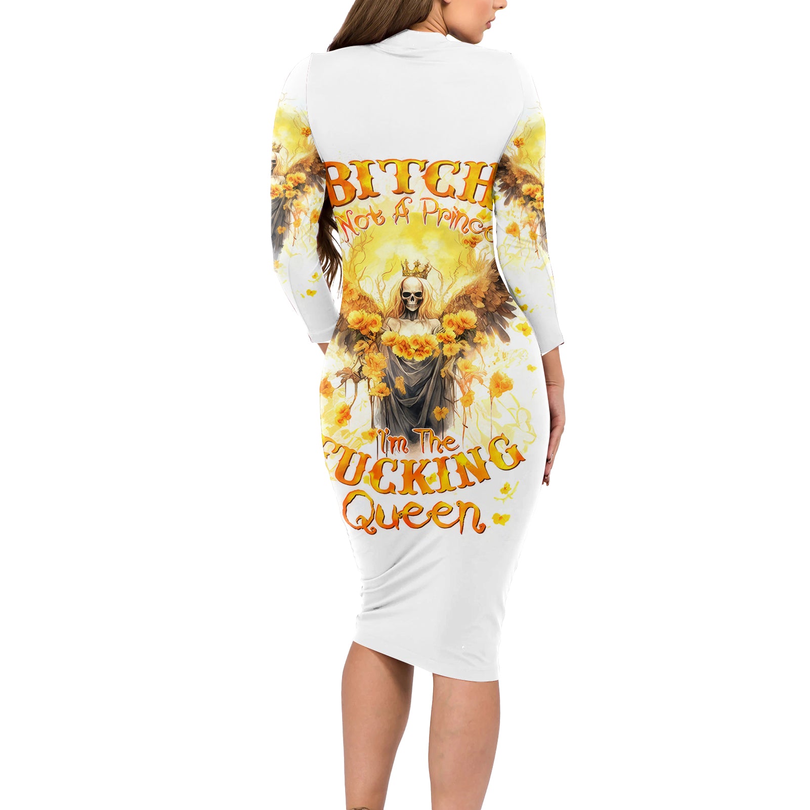 Flower Skull Angel Long Sleeve Bodycon Dress Bitch I'm The Fucking Queen