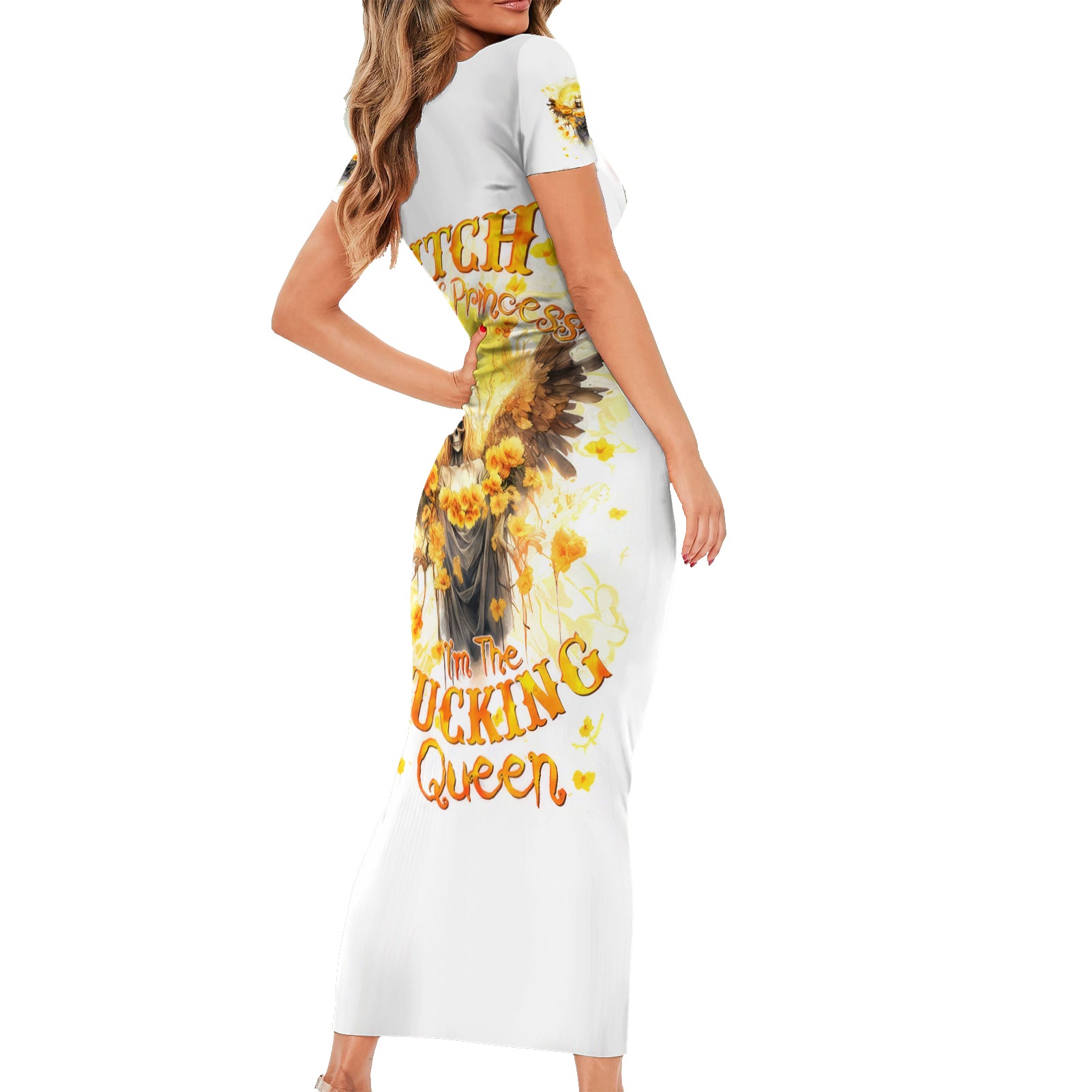 Flower Skull Angel Short Sleeve Bodycon Dress Bitch I'm The Fucking Queen