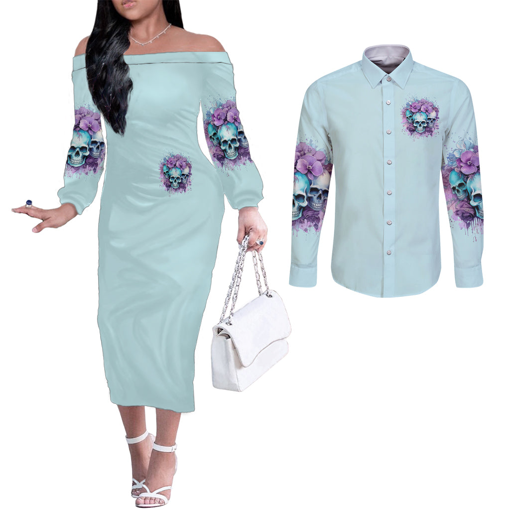 Flower Skull Angel Couples Matching Off The Shoulder Long Sleeve Dress and Long Sleeve Button Shirt The Good Girl In Me Got Tired Of The Bullshit