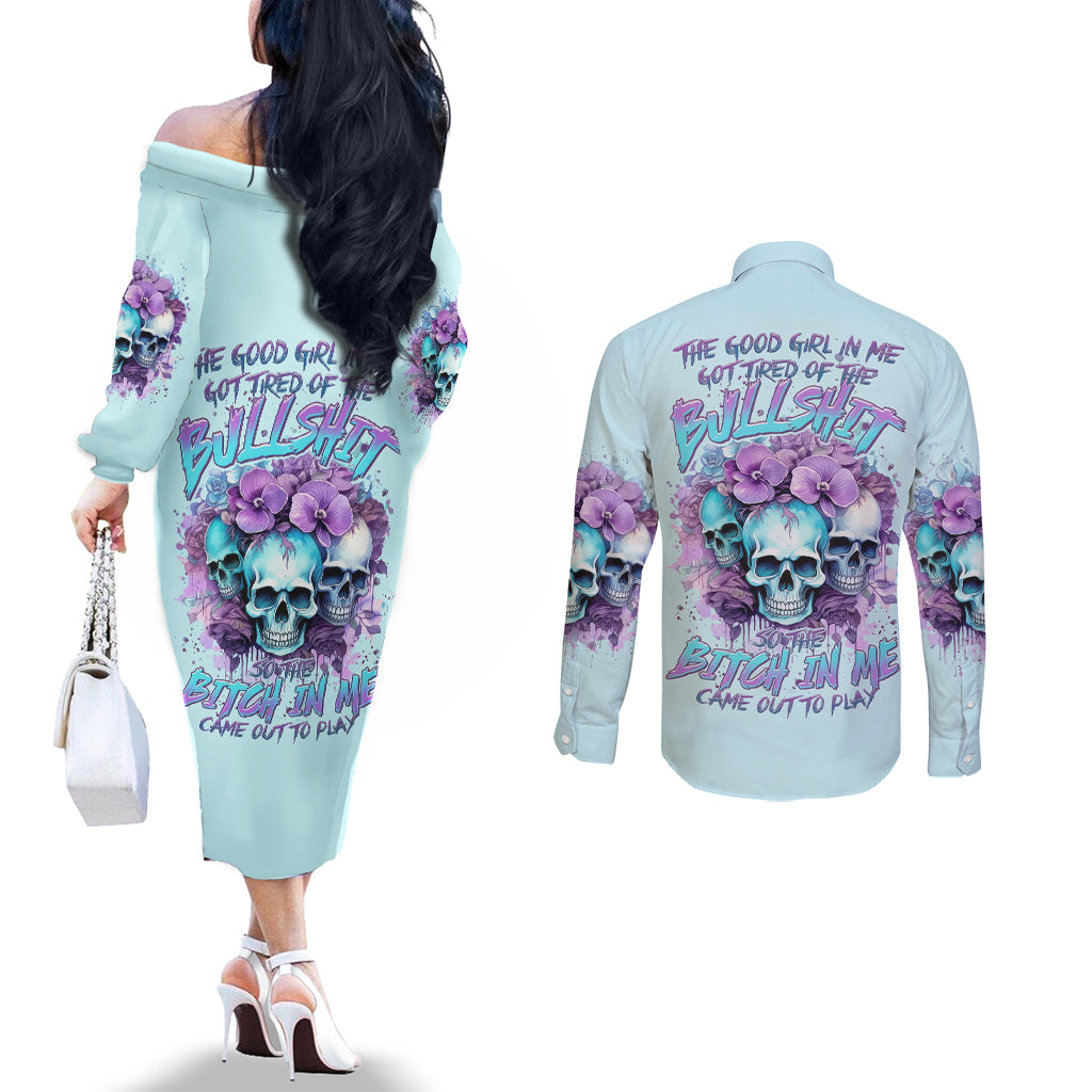 Flower Skull Angel Couples Matching Off The Shoulder Long Sleeve Dress and Long Sleeve Button Shirt The Good Girl In Me Got Tired Of The Bullshit