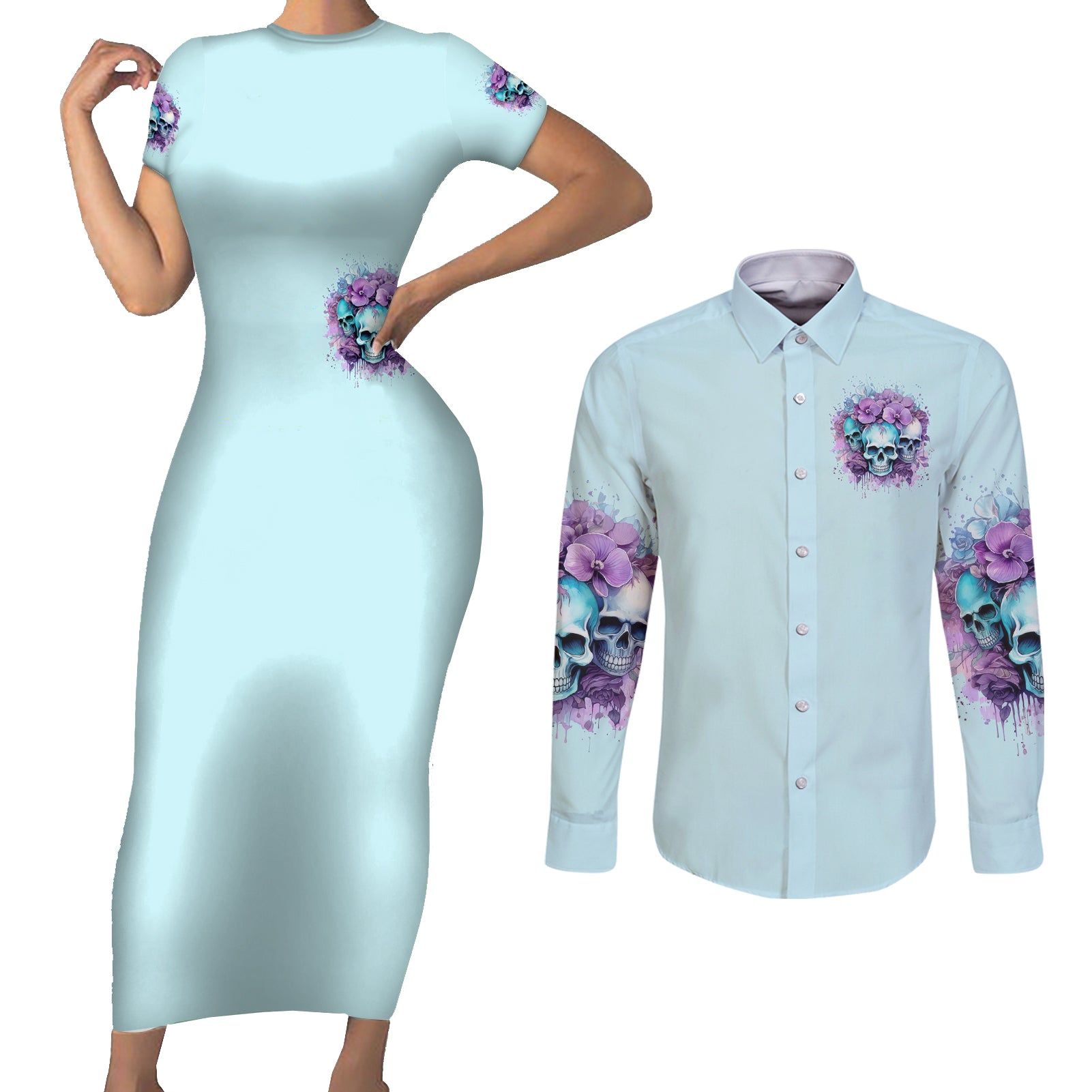 Flower Skull Angel Couples Matching Short Sleeve Bodycon Dress and Long Sleeve Button Shirt The Good Girl In Me Got Tired Of The Bullshit