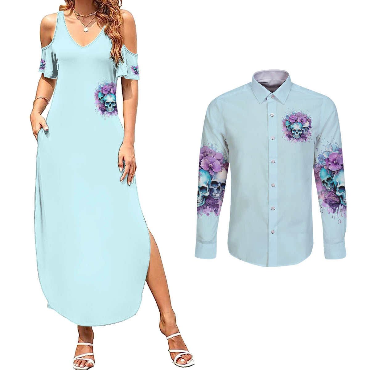Flower Skull Angel Couples Matching Summer Maxi Dress and Long Sleeve Button Shirt The Good Girl In Me Got Tired Of The Bullshit