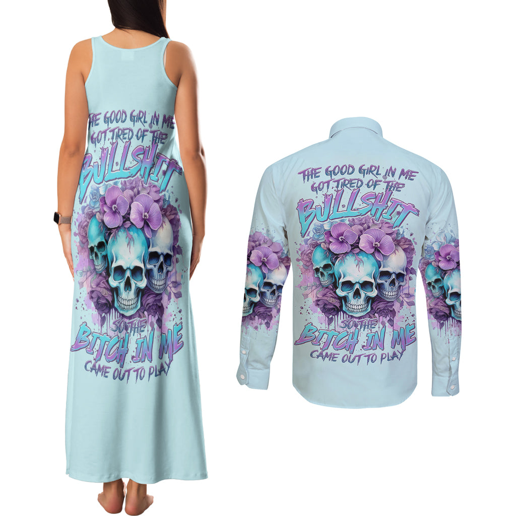 Flower Skull Angel Couples Matching Tank Maxi Dress and Long Sleeve Button Shirt The Good Girl In Me Got Tired Of The Bullshit