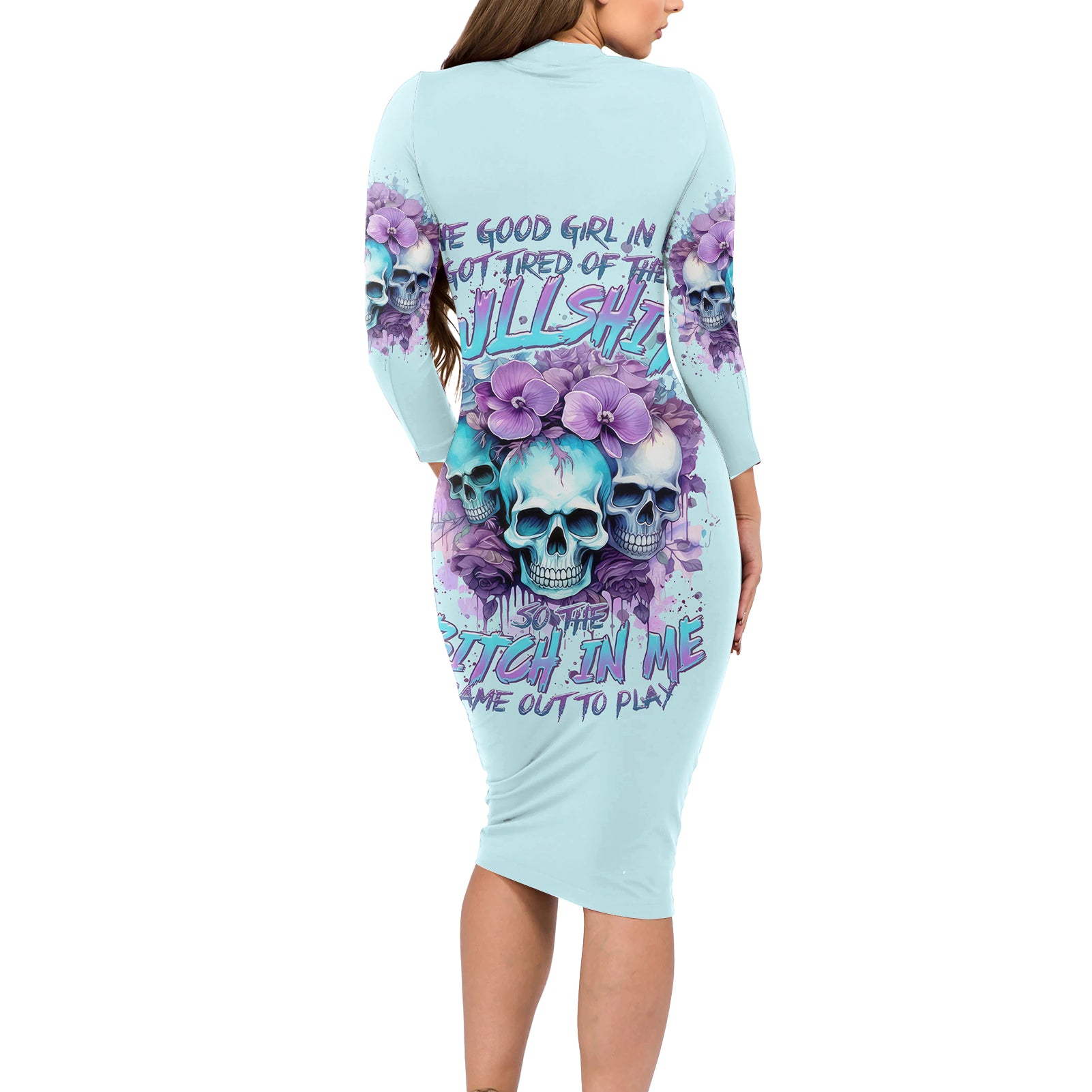 Flower Skull Angel Long Sleeve Bodycon Dress The Good Girl In Me Got Tired Of The Bullshit