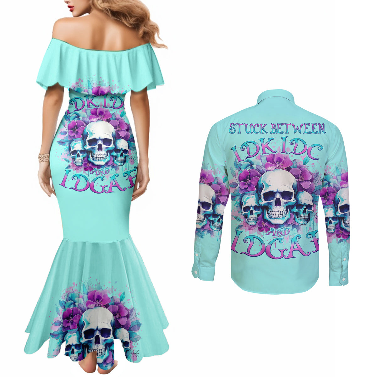 Flower Skull Angel Couples Matching Mermaid Dress and Long Sleeve Button Shirt Stuck Between IDK IDC and IDGAF