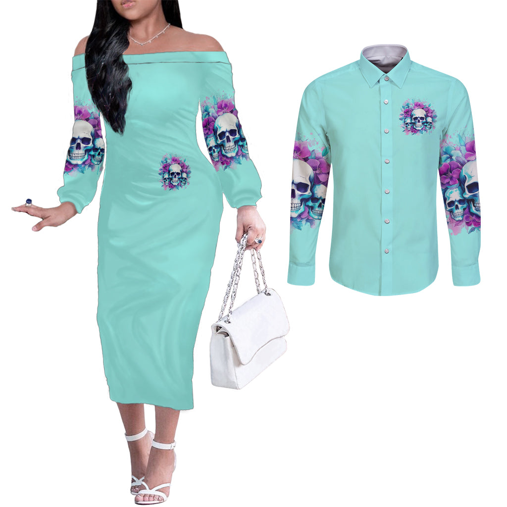 Flower Skull Angel Couples Matching Off The Shoulder Long Sleeve Dress and Long Sleeve Button Shirt Stuck Between IDK IDC and IDGAF